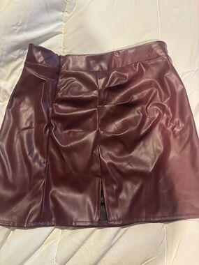 Burgundy Faux Leather Mini Skirt with Front Slit